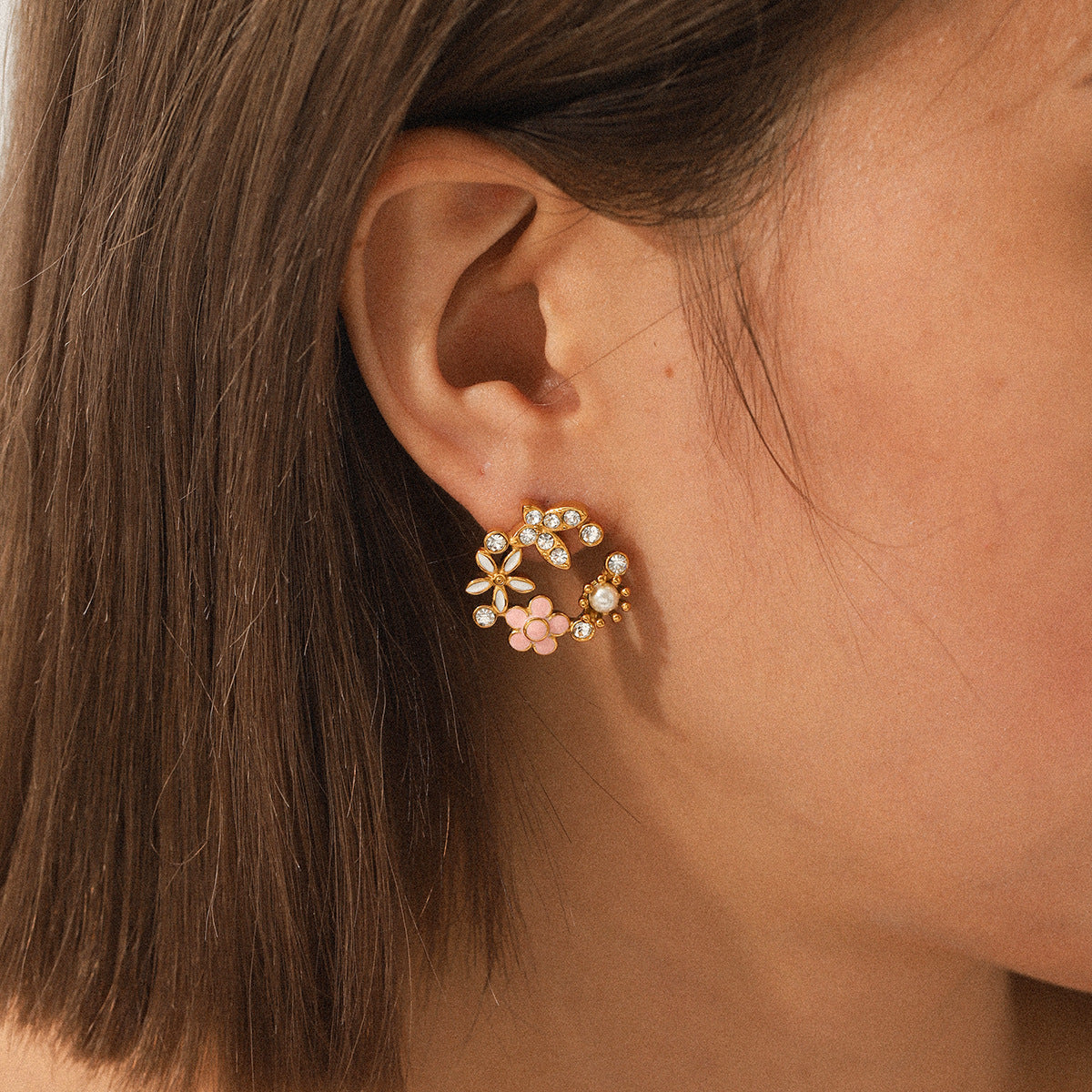Flower earrings, 18K gold stainless steel, butterfly design with zircon, pearl drop earrings, women's flower garland earrings