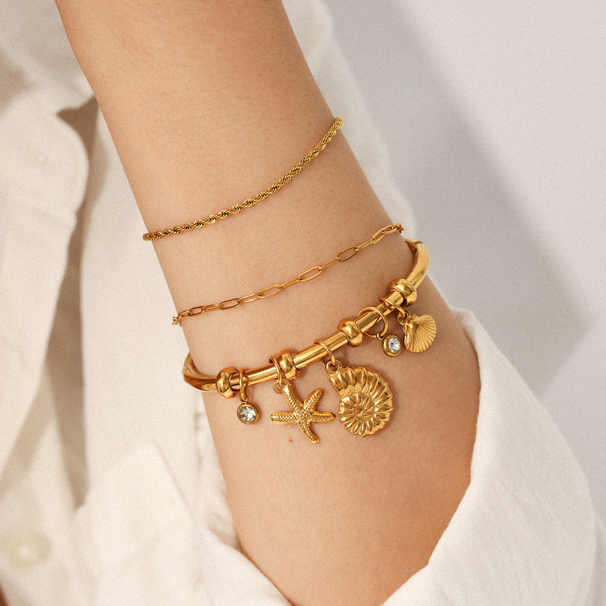 18K Gold-plated Stainless Steel Plain Bracelet, Starfish, Conch, Scallop DIY Accessories, Titanium Steel Bracelet for Women