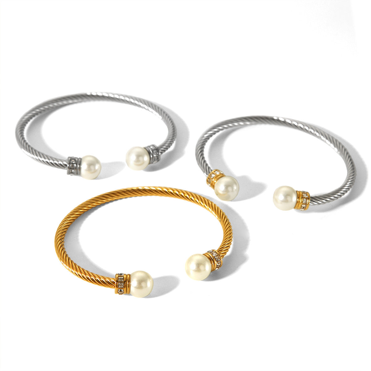 Stainless Steel Bracelet for Women, Fashionable and Versatile, Cable Style, Diamond-encrusted, Small Waist Design, Pearl Jewelry