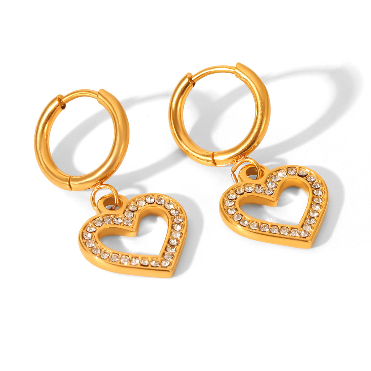 INS-style Hollowed-out Diamond-encrusted Heart-shaped Earrings for Women, Stainless Steel Earrings, Niche and High-end, 18k Gold Titanium Steel Earrings