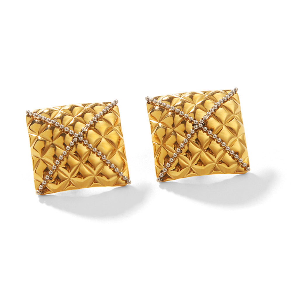 Earrings 18k Gold Stainless Steel Square Diamond Pattern Stud Design Cross Bead Titanium Steel Earrings