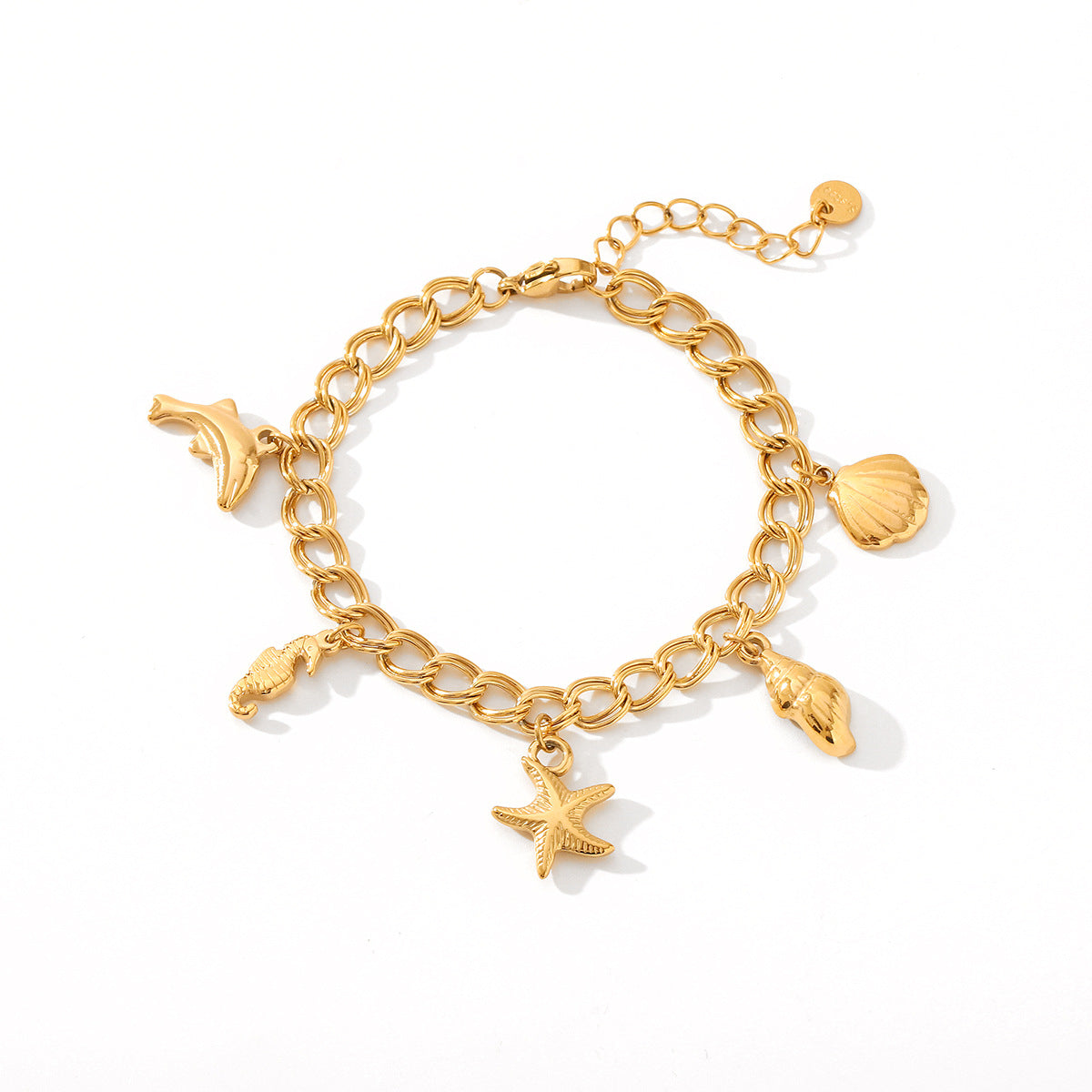 Marine Stainless Steel Bracelet with Dolphin, Seahorse, Starfish, Conch Shell, and Shellfish Pendants - Non-fading Jewelry