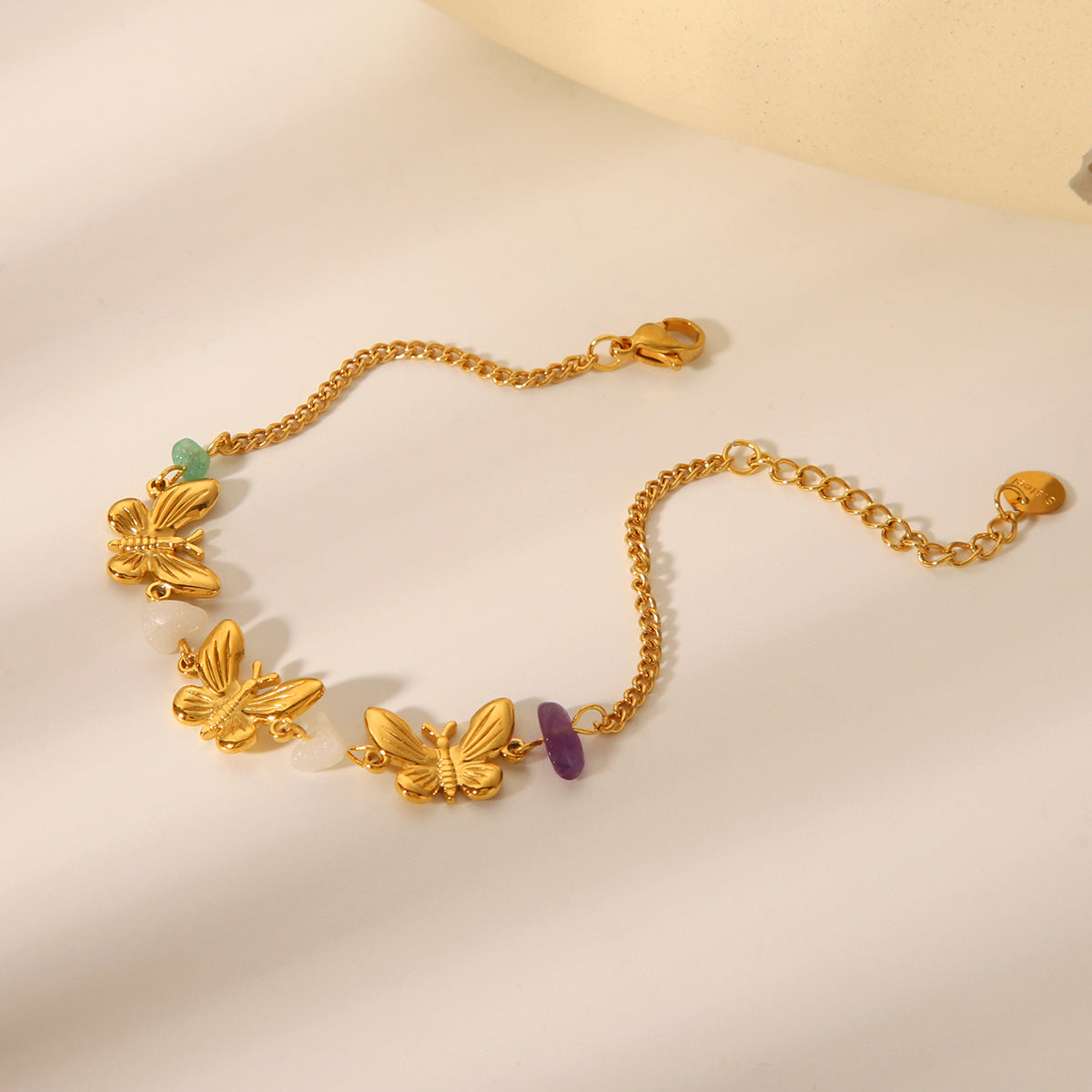 French Fashion Retro 18k Gold Stainless Steel Bracelet, Natural Stone Butterfly Bracelet, Women's Light Luxury Temperament Bracelet