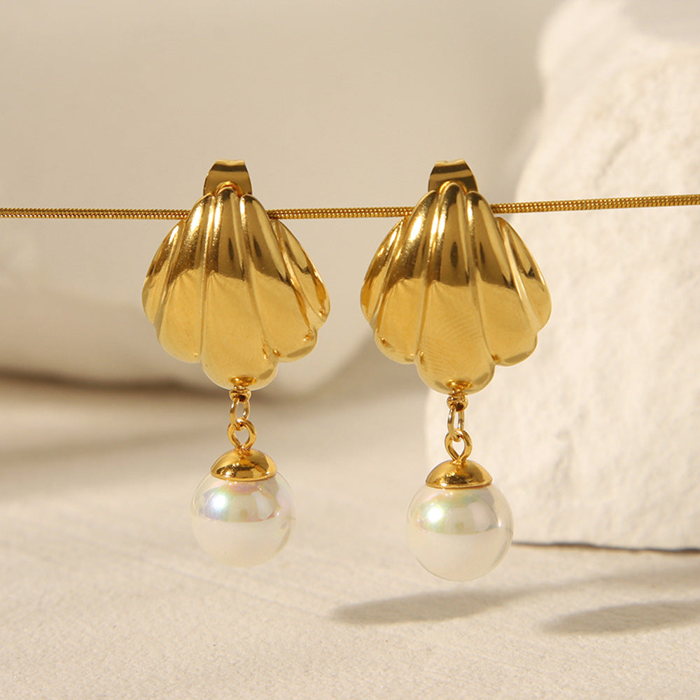 Oceanic Element Titanium Steel Earrings, 18k Gold Stainless Steel Scallop Earrings, Fashionable and High-end Earrings