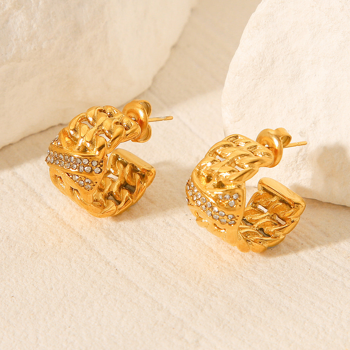 18k Gold Stainless Steel Earrings with Multi-layer Chain Splicing and Diamond Studded Design, C-shaped Titanium Steel Earrings