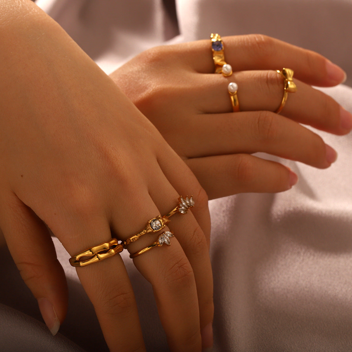 18K Gold Bowknot Pearl Stainless Steel Open Ring Female Fashion Hammered Titanium Steel Zircon Ring