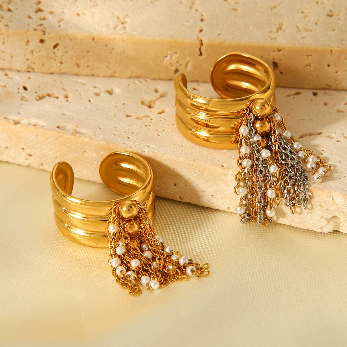 Titanium Steel Ring, 18K Gold Stainless Steel, Pearl Chain, Fringed, Open-ended, Women's Ring