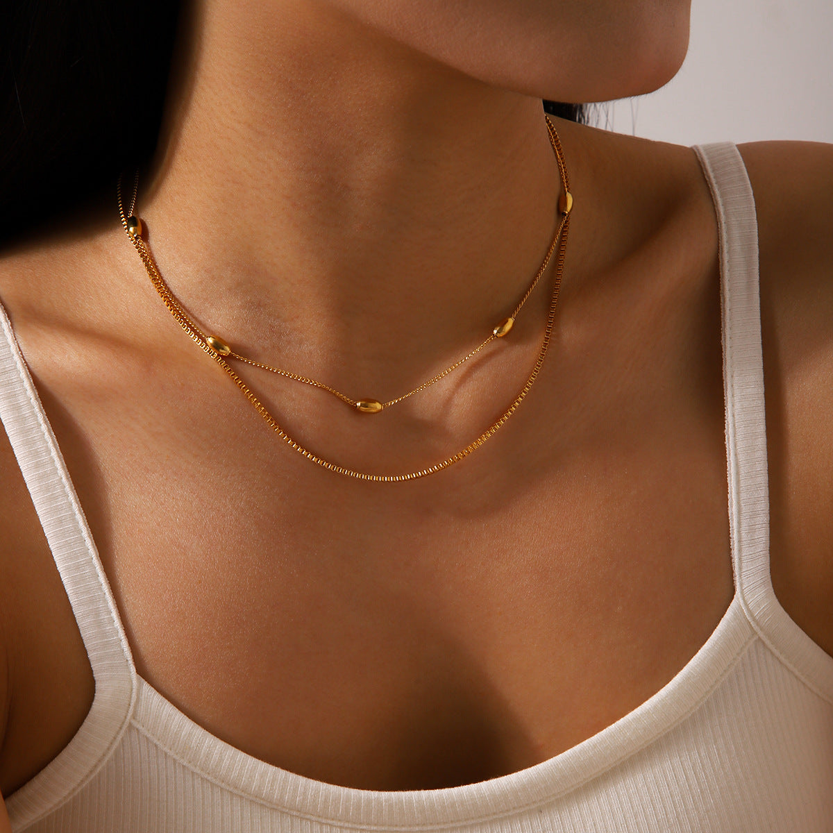 Fashionable and Personalized Trend 18K Gold-plated Stainless Steel Necklace Oval Bead Double-layer Necklace INS Internet Celebrity Necklace Female