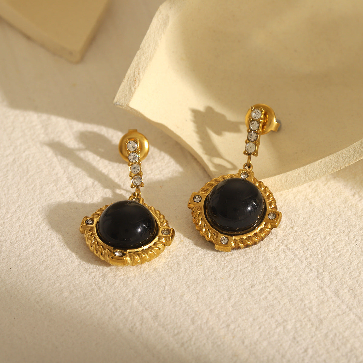 French Retro Style Obsidian 18k Gold Stainless Steel Earrings with Diamond Studded Earrings, Stylish and Elegant Earrings for Women