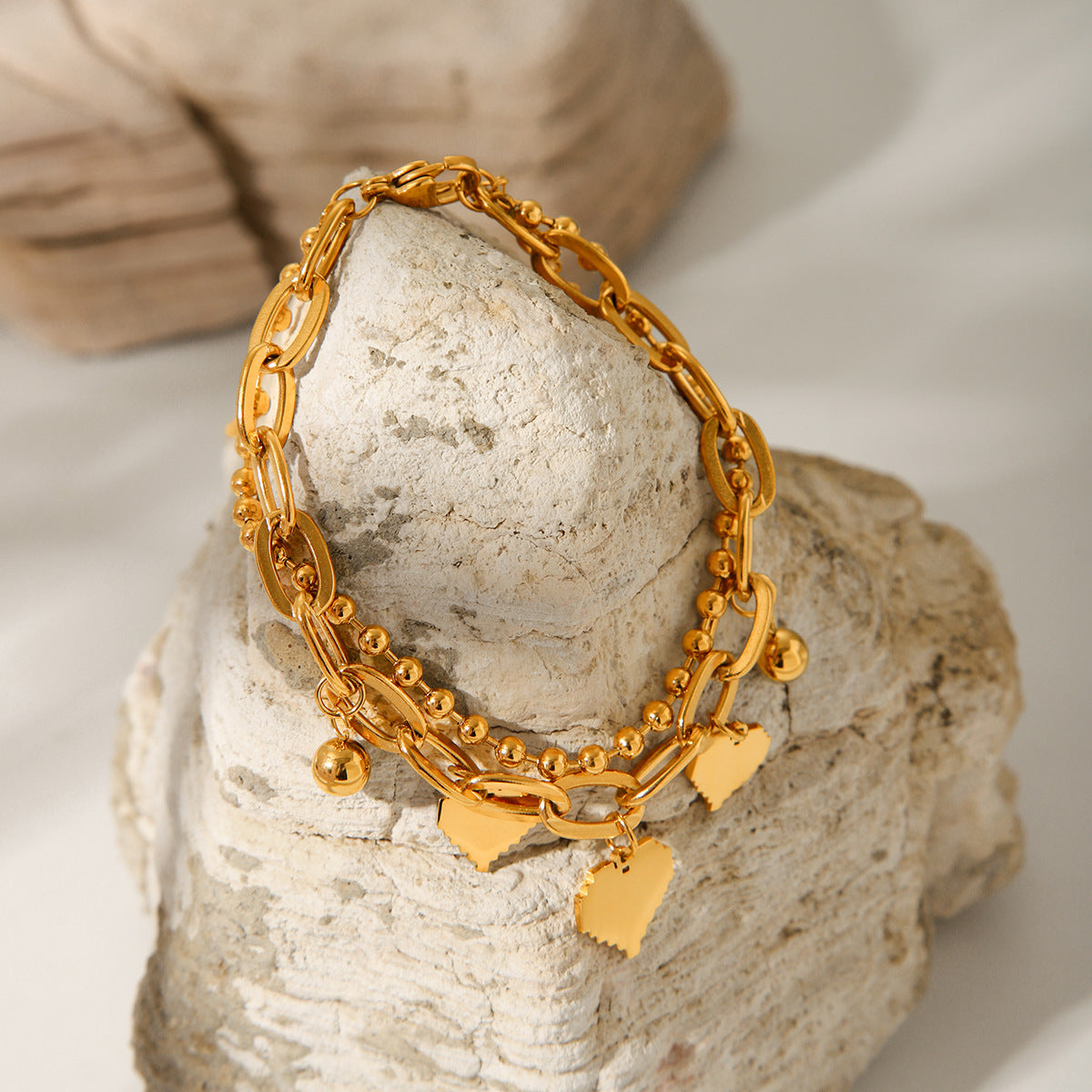 Love Gold Bean Pendant Double Layer Stacking Stainless Steel Bracelet Female Ins Indifferent Wind Round Bead Chain Jewelry