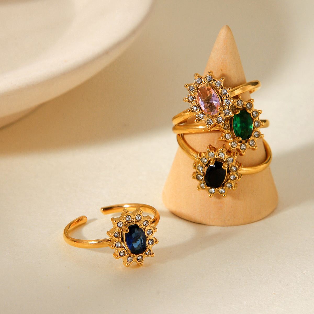 Zircon titanium steel ring jewelry, non-fading, French style, high-end stainless steel open ring