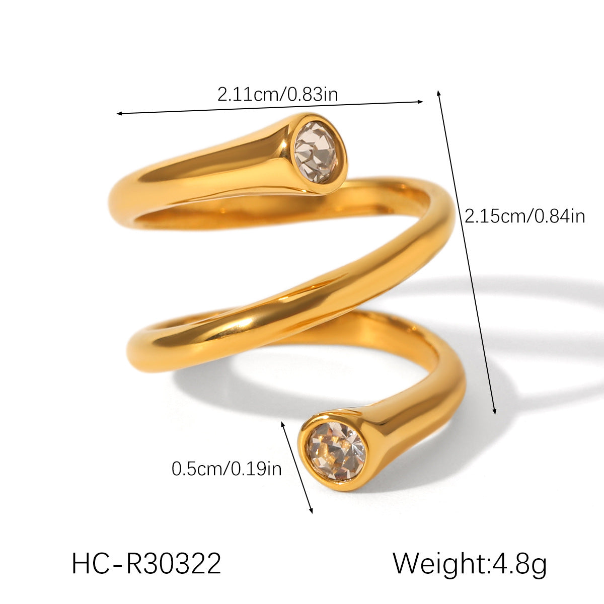 18K Gold Stainless Steel Open Ring with Zircon, Niche and High-end Female Titanium Steel Non-fading Finger Ring