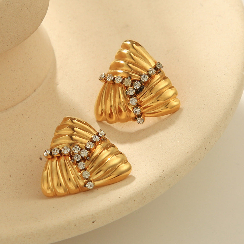 Fashionable Trendy 18k Gold Stainless Steel Earrings with A Woven Texture Design, Diamond-encrusted Earrings Studs, and Titanium Steel Earrings