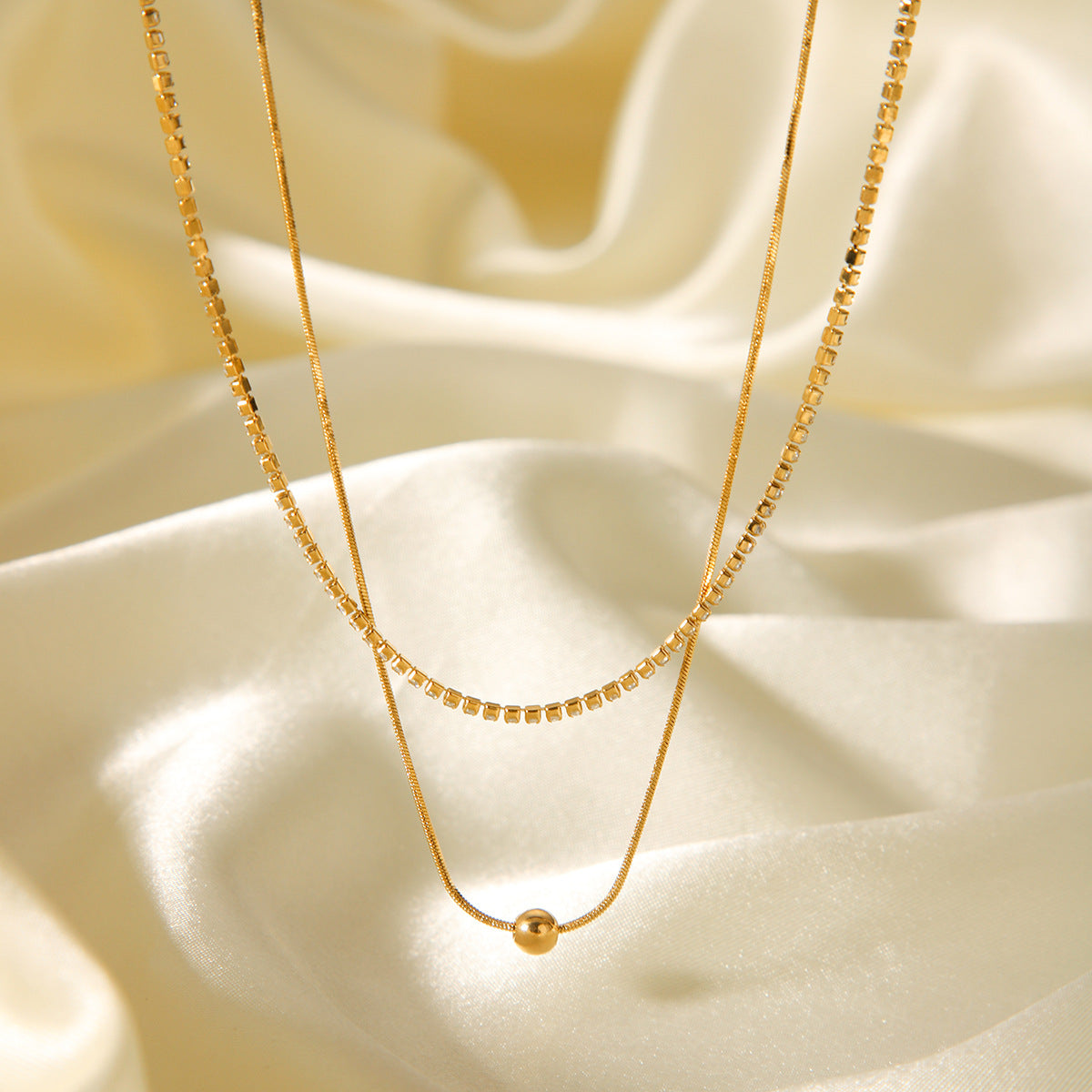 18k Gold Double-layer Necklace for Women, Stainless Steel, Fashionable and Simple Zircon Chain, High-end Necklace