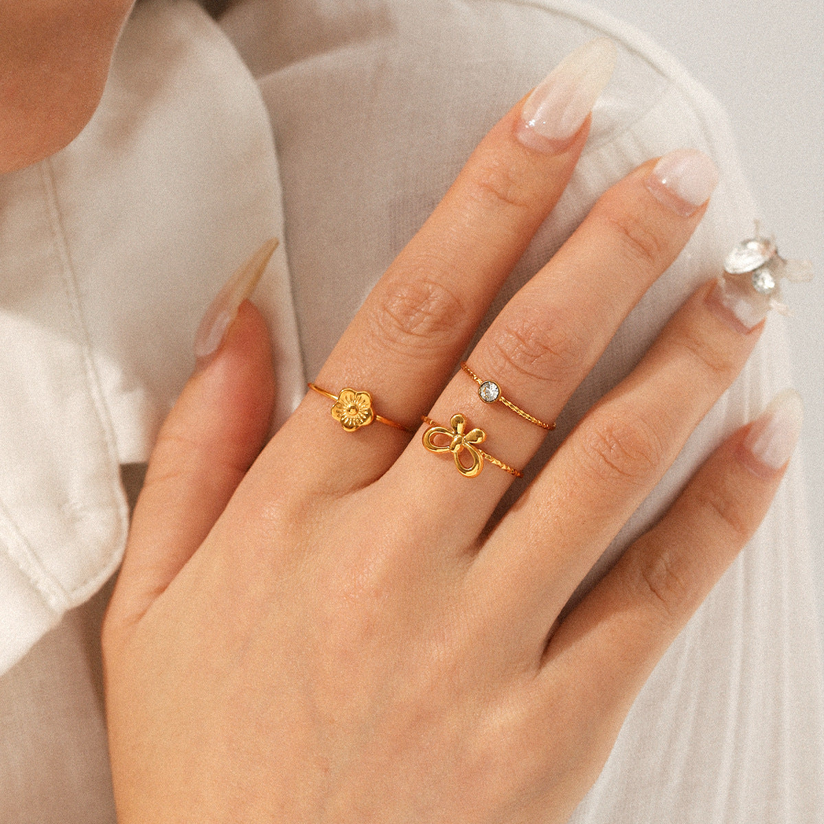 18K Gold-plated Stainless Steel Bowknot Flower-shaped Open Ring Set, Ins-style Zircon Ring for Women, Non-fading