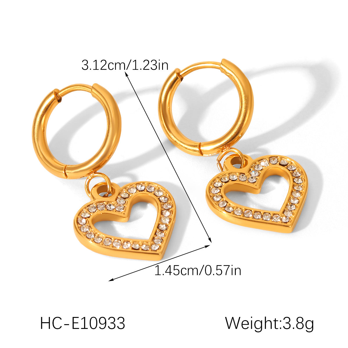 INS-style Hollowed-out Diamond-encrusted Heart-shaped Earrings for Women, Stainless Steel Earrings, Niche and High-end, 18k Gold Titanium Steel Earrings