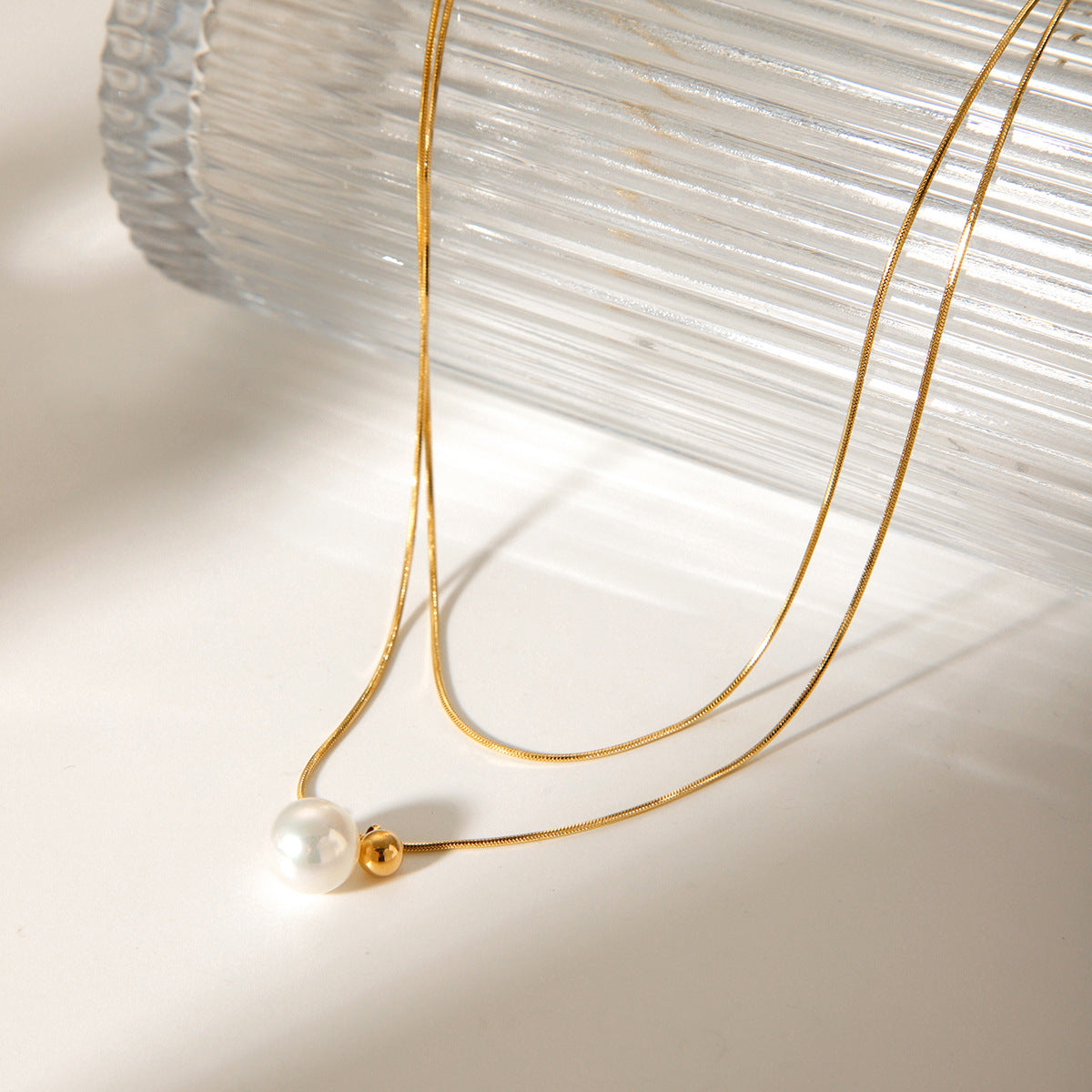 Stainless Steel Double-layer Layered Necklace for Women, Cold Style Pearl Pendant, Titanium Steel Neck Chain That Does Not Fade