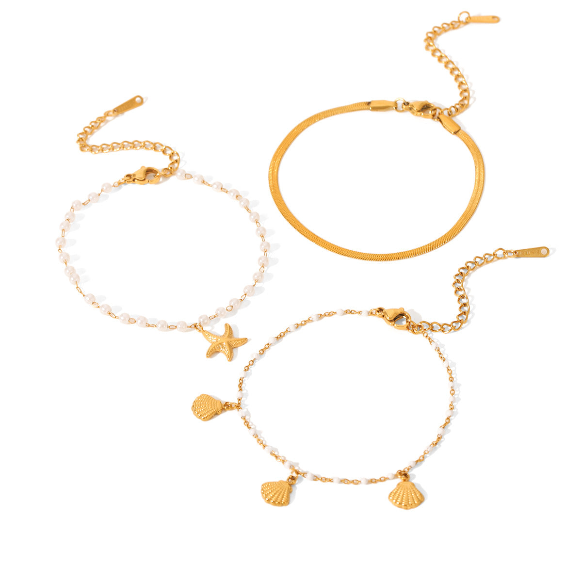 Marine-themed Stainless Steel Bracelet Set for Women , Including Jewelry Such As Seashell and Starfish Pendants, Pearl Chains, and Snake Bone Chains 3 Pcs