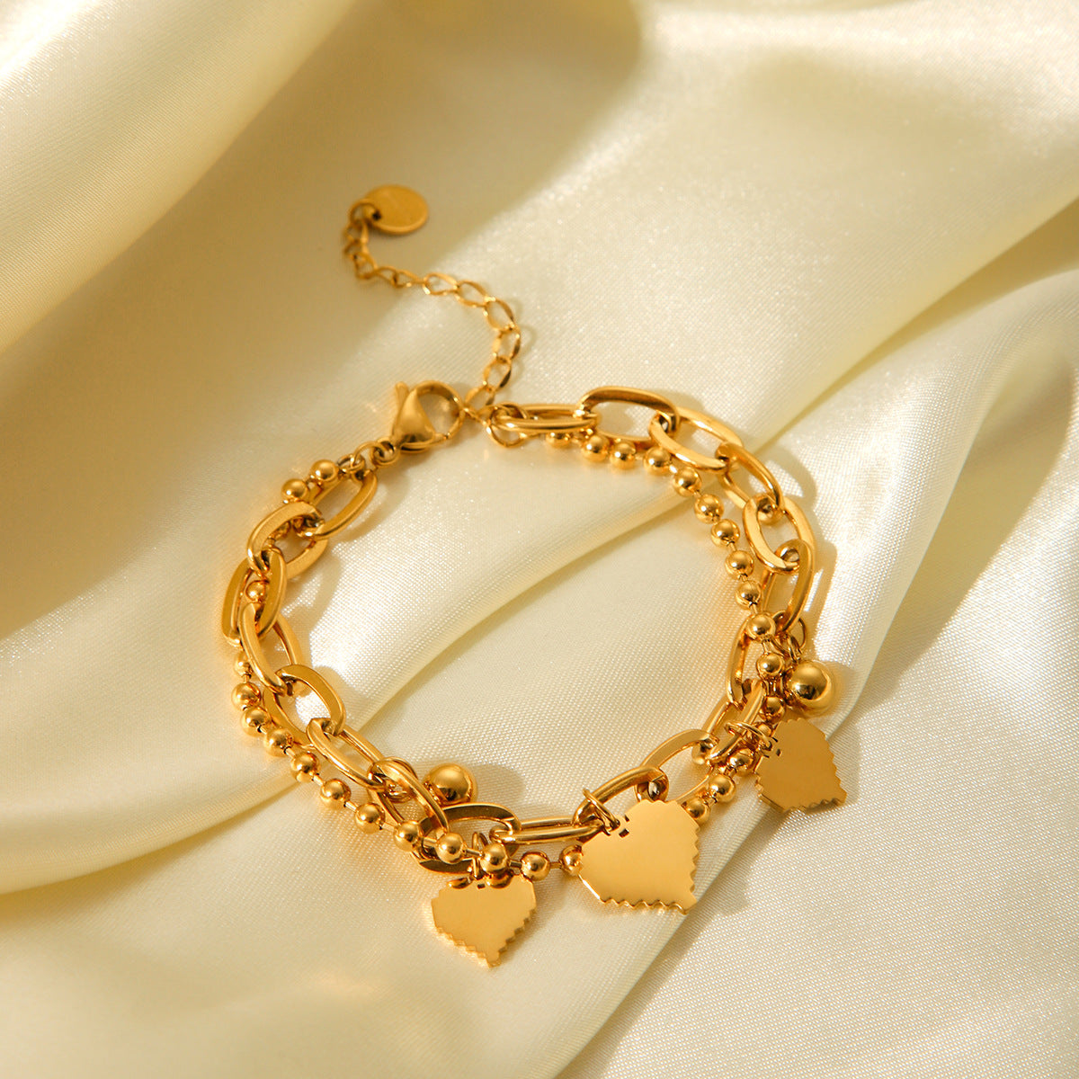 Love Gold Bean Pendant Double Layer Stacking Stainless Steel Bracelet Female Ins Indifferent Wind Round Bead Chain Jewelry