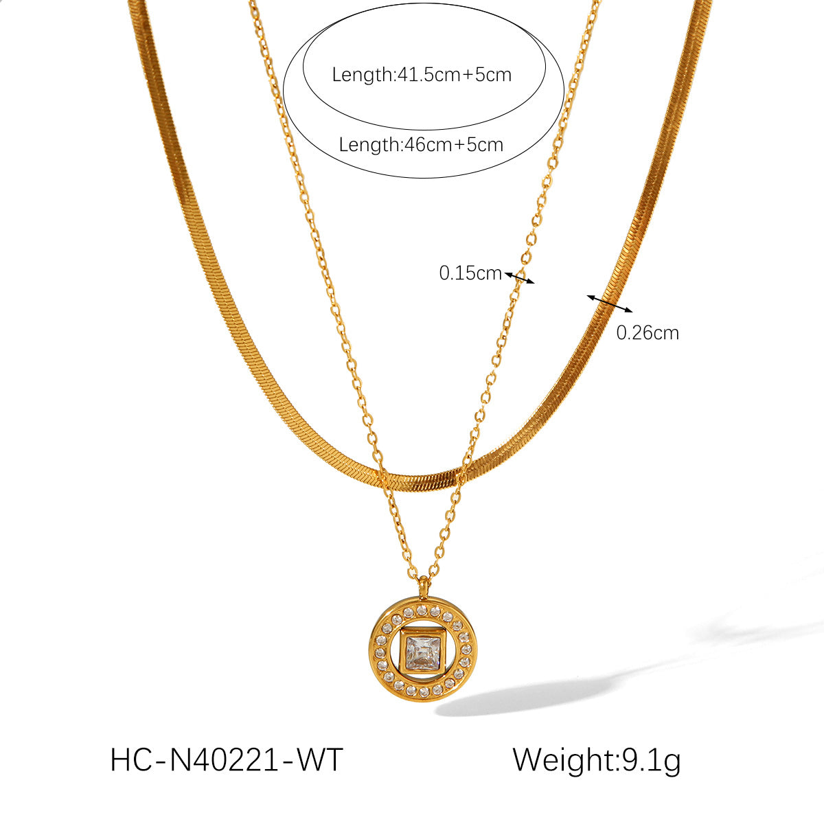 Stainless Steel Round Diamond Pendant Necklace Women's Fashion High-end Titanium Steel Snake Bone Chain Double Layer Chain