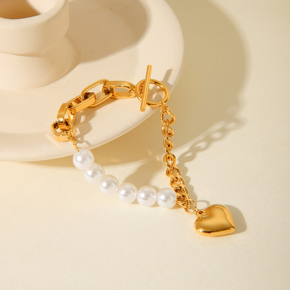 Ins Style Fashionable High-end Pearl Bracelet Women's Stainless Steel Heart Pendant Splicing Chain Titanium Steel Jewelry