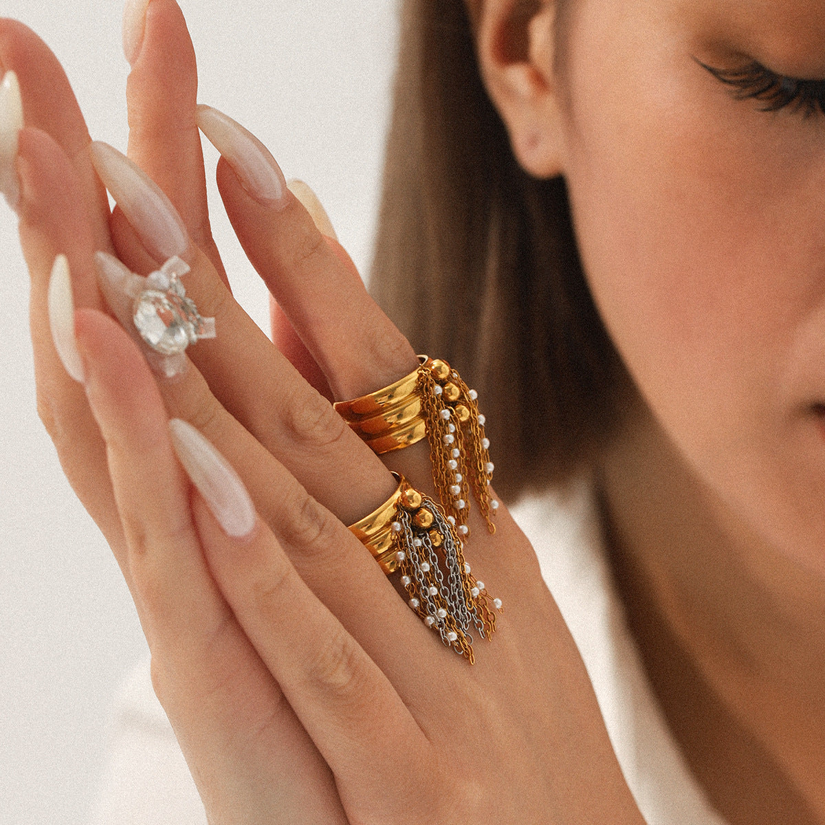 Titanium Steel Ring, 18K Gold Stainless Steel, Pearl Chain, Fringed, Open-ended, Women's Ring