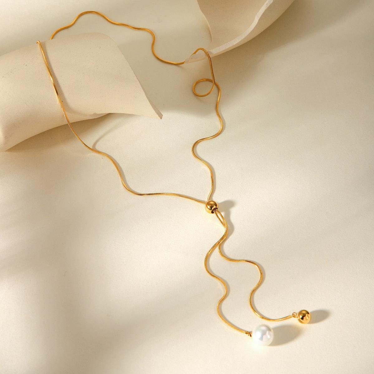 Stainless Steel Long Stretch Pearl Necklace, High-end Round Bead Snake Bone Design, Adjustable Sweater Chain for Women