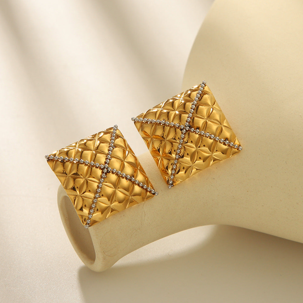 Earrings 18k Gold Stainless Steel Square Diamond Pattern Stud Design Cross Bead Titanium Steel Earrings