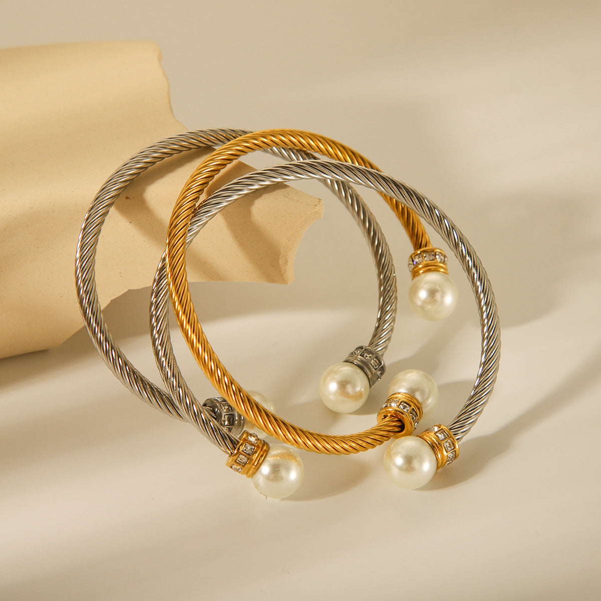 Stainless Steel Bracelet for Women, Fashionable and Versatile, Cable Style, Diamond-encrusted, Small Waist Design, Pearl Jewelry