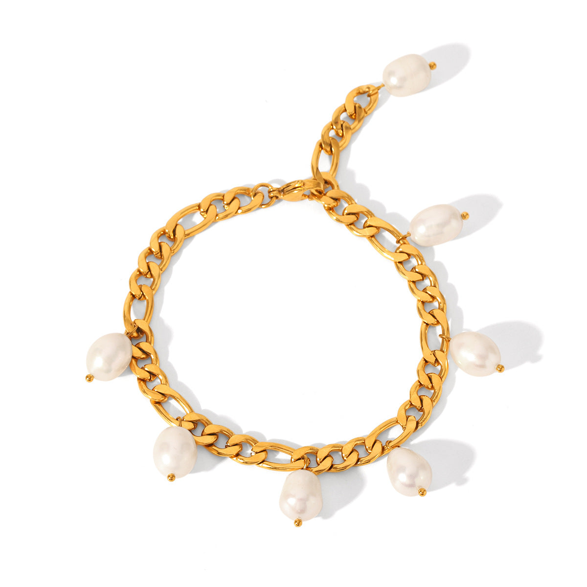 Ins-style Natural Freshwater Pearl Anklet, Stainless Steel Figaro Chain, 18K Gold-plated Anklet, Titanium Steel, Non-fading