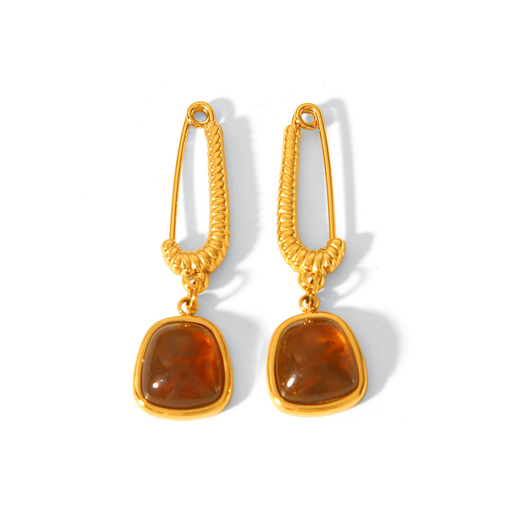French Retro Style Natural Stone Earrings 18k Gold Stainless Steel Earrings for Women, Fashionable Temperament, High-end Feeling, Titanium Steel Earrings
