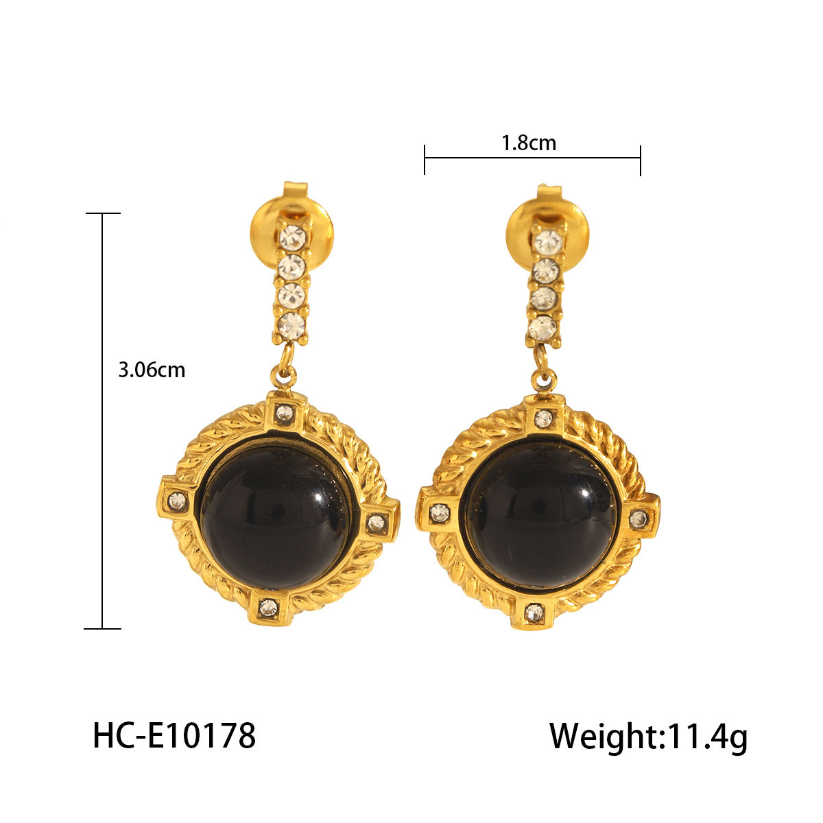 French Retro Style Obsidian 18k Gold Stainless Steel Earrings with Diamond Studded Earrings, Stylish and Elegant Earrings for Women