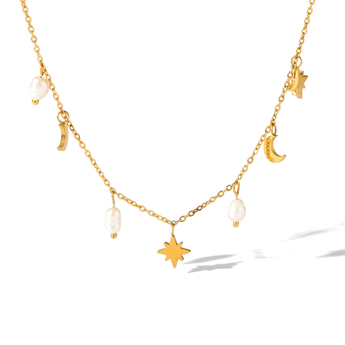 Stainless Steel Eight-pointed Star Moon Freshwater Pearl Pendant Necklace