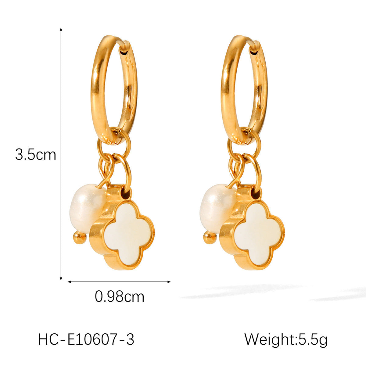 Stainless Steel Heart-shaped White Shell Pendant Earrings, INS Style, Fashionable Pearl Five-pointed Star Titanium Steel Earrings for Women