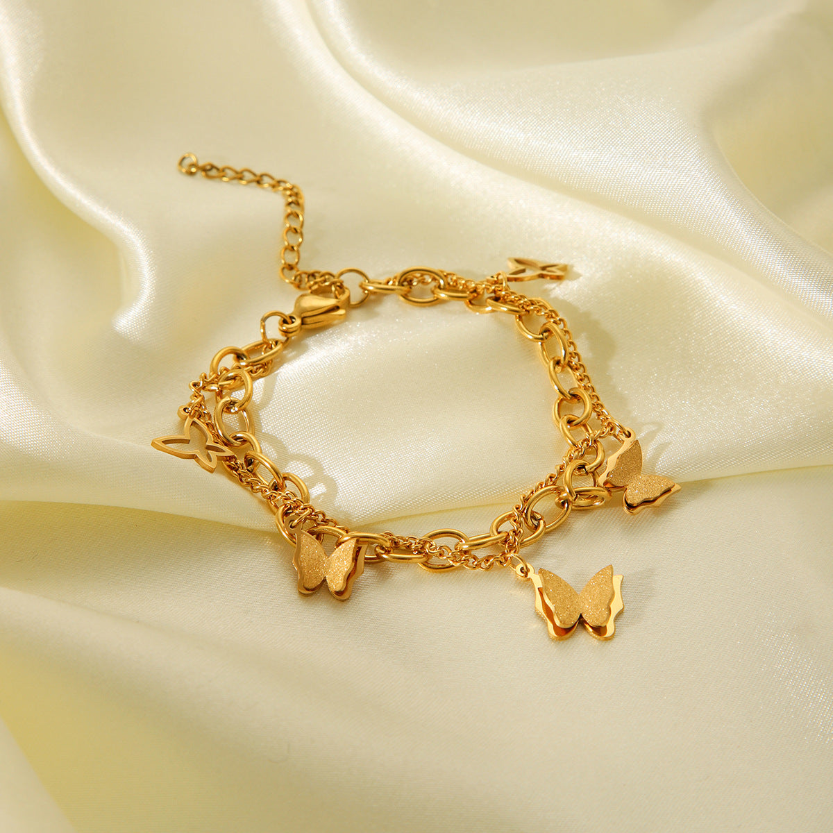 Fashion 18k Gold Stainless Steel Double-layer Layered Bracelet for Women, Non Fading Butterfly Pendant Titanium Steel Bracelet