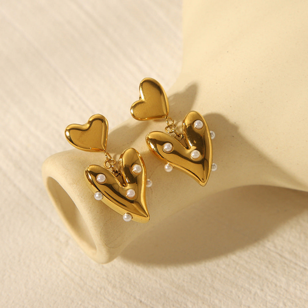 18k Gold-plated Stainless Steel Heart-shaped Earrings for Women, Fashionable and High-end, Heart-shaped Titanium Steel Pearl Earrings