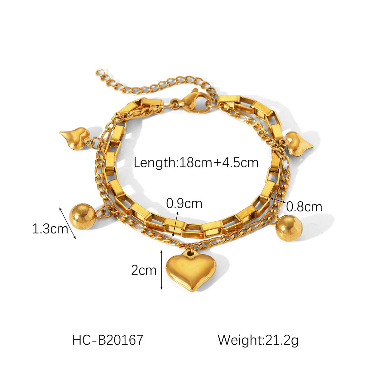 Fashionable and Personalized 18k Gold Stainless Steel Double-layer Stackable Bracelet for Women, Featuring A Design Sense and A Heart-shaped Pendant, Made of Titanium Steel