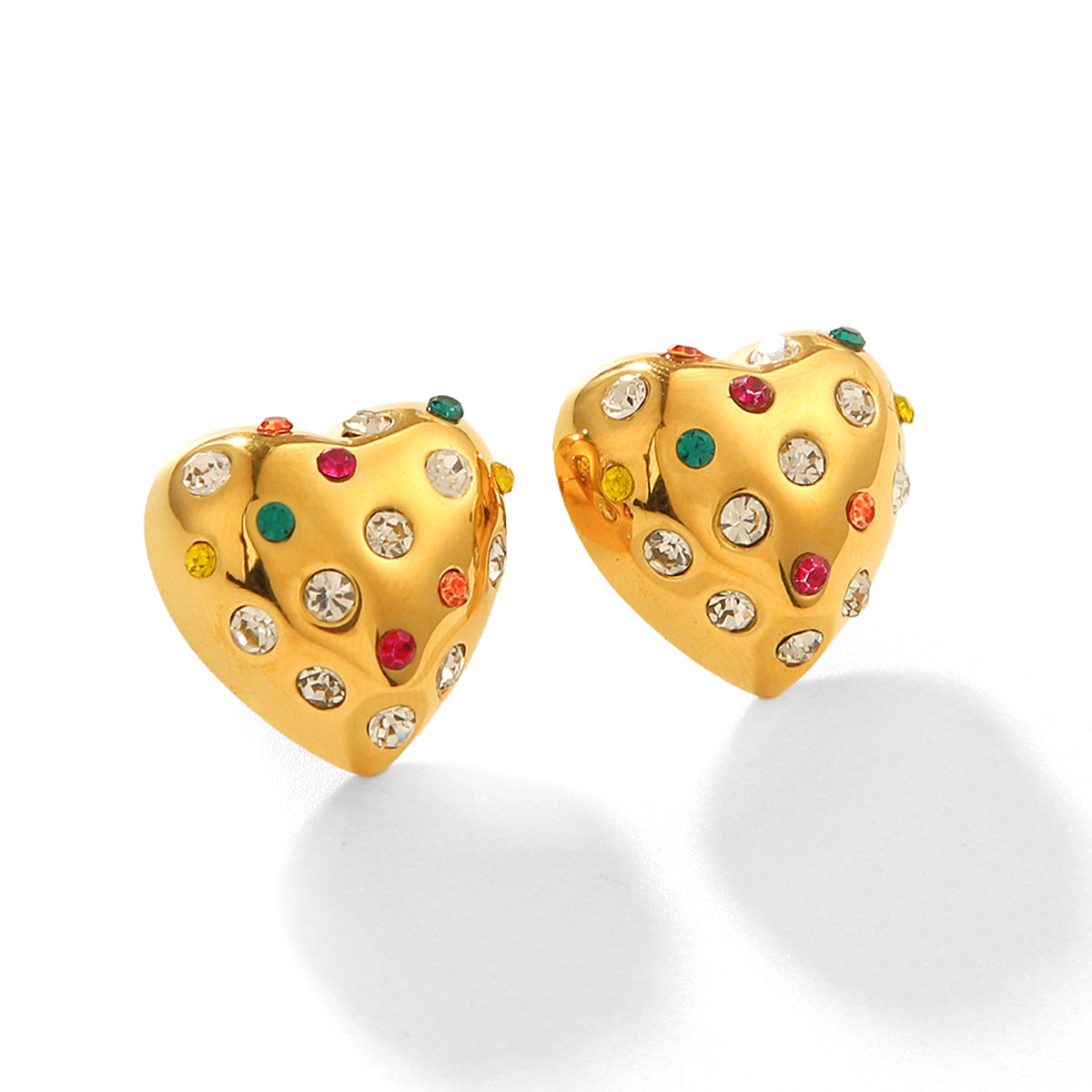 18K Gold Stainless Steel Heart-shaped Earrings for Women, Featuring A Premium Feel, Chubby Design, Titanium Steel Earrings Studs, and Colored Diamond Earrings