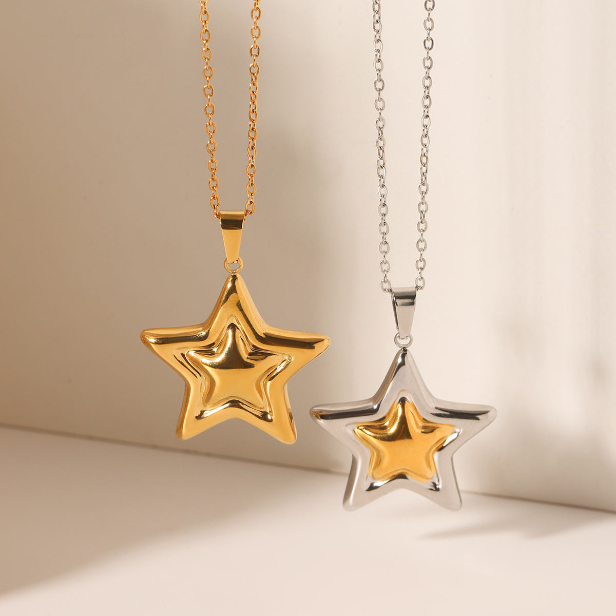 INS-style Gold and Silver Color-blocked Stainless Steel Five-pointed Star Pendant Necklace, High-end Star-shaped Titanium Steel Necklace