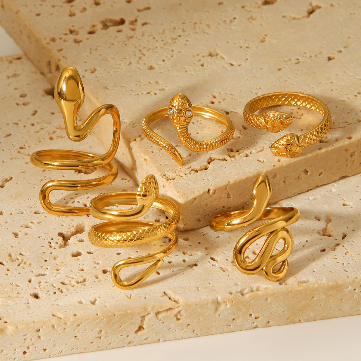 18K Gold Stainless Steel Snake Ring, Light Luxury Style, Titanium Steel, Flexible Snake-shaped Opening, Non-fading, Hand Jewelry