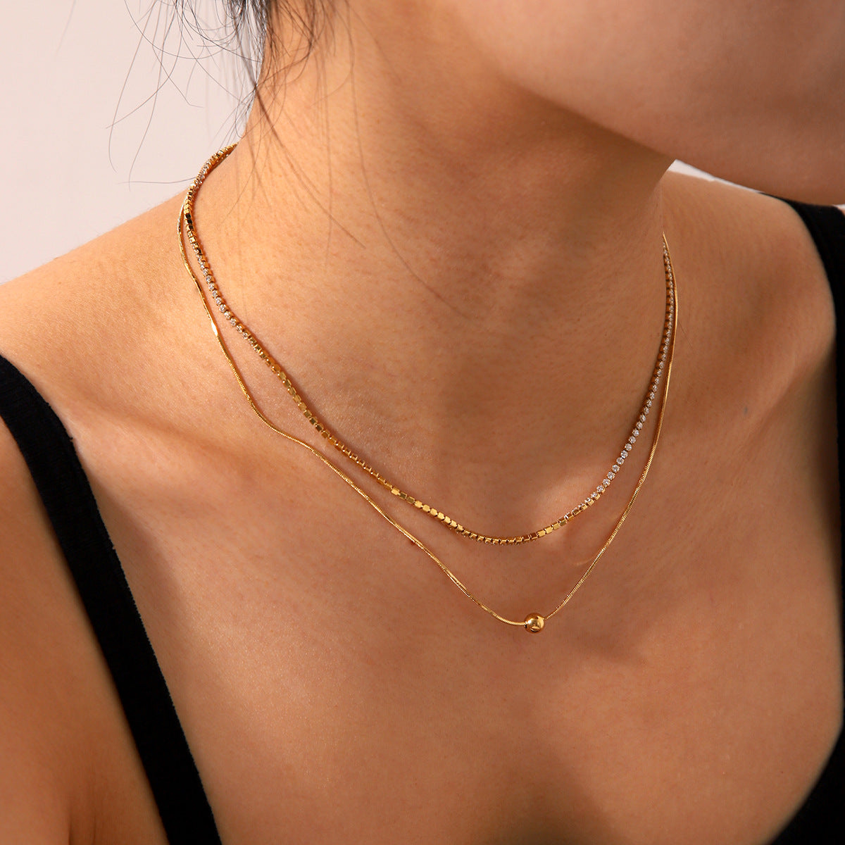 18k Gold Double-layer Necklace for Women, Stainless Steel, Fashionable and Simple Zircon Chain, High-end Necklace