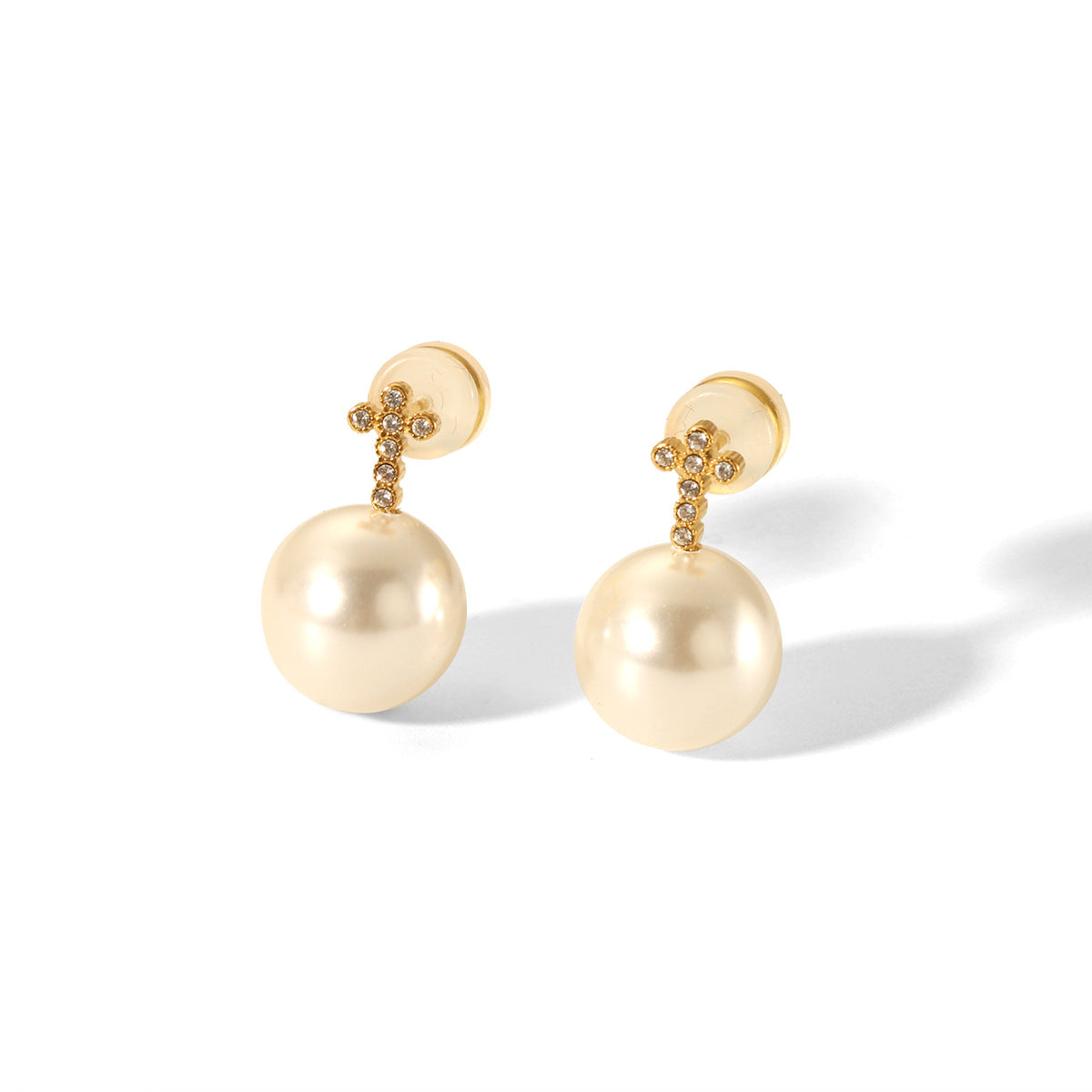 Pearl Earrings 18K Gold Stainless Steel Cross Inlaid with Diamonds Earrings for Women's Fashion Accessories