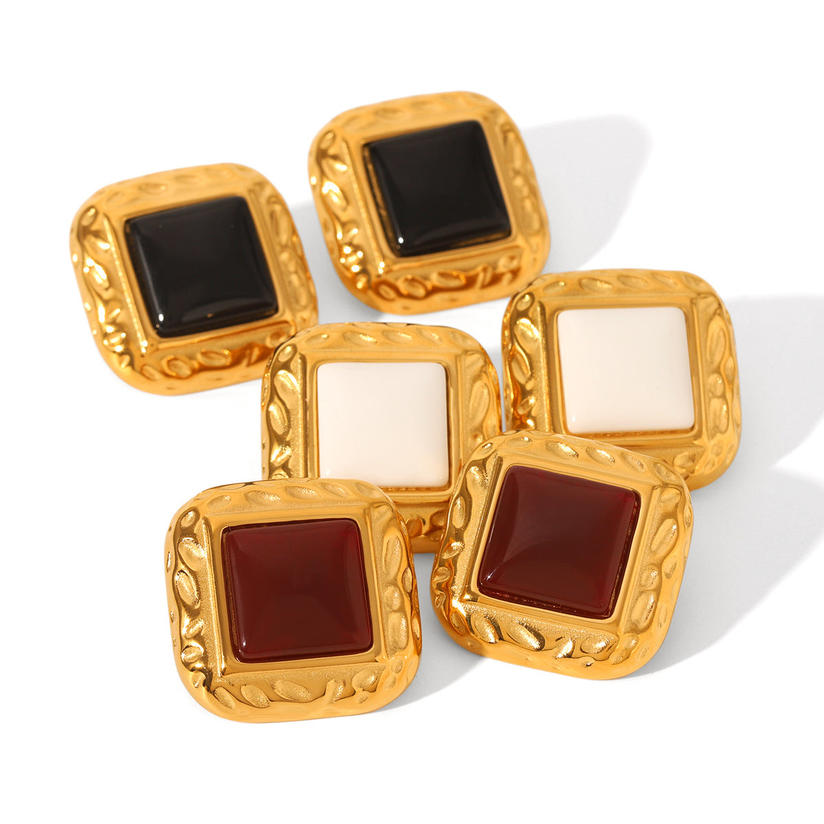 French vintage square stainless steel hammered earrings agate earrings women's non-fading light luxury high-end earrings