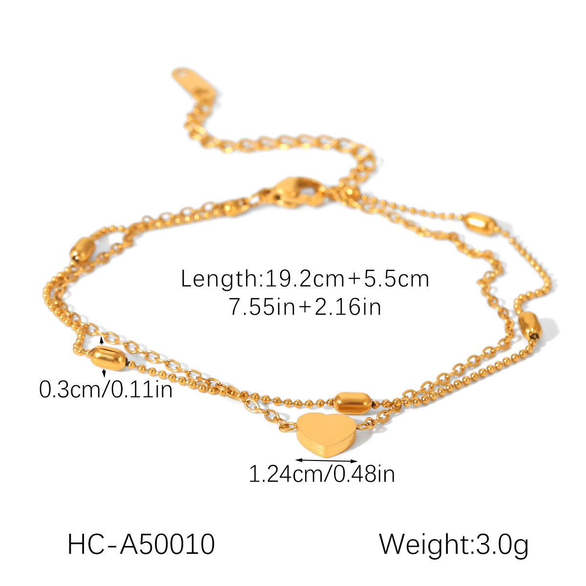 Titanium Steel Ankle Chain 18K Gold Stainless Steel Heart Pendant Oval Bead Chain Double-layer Ankle Chain Non-fading Ankle Jewelry