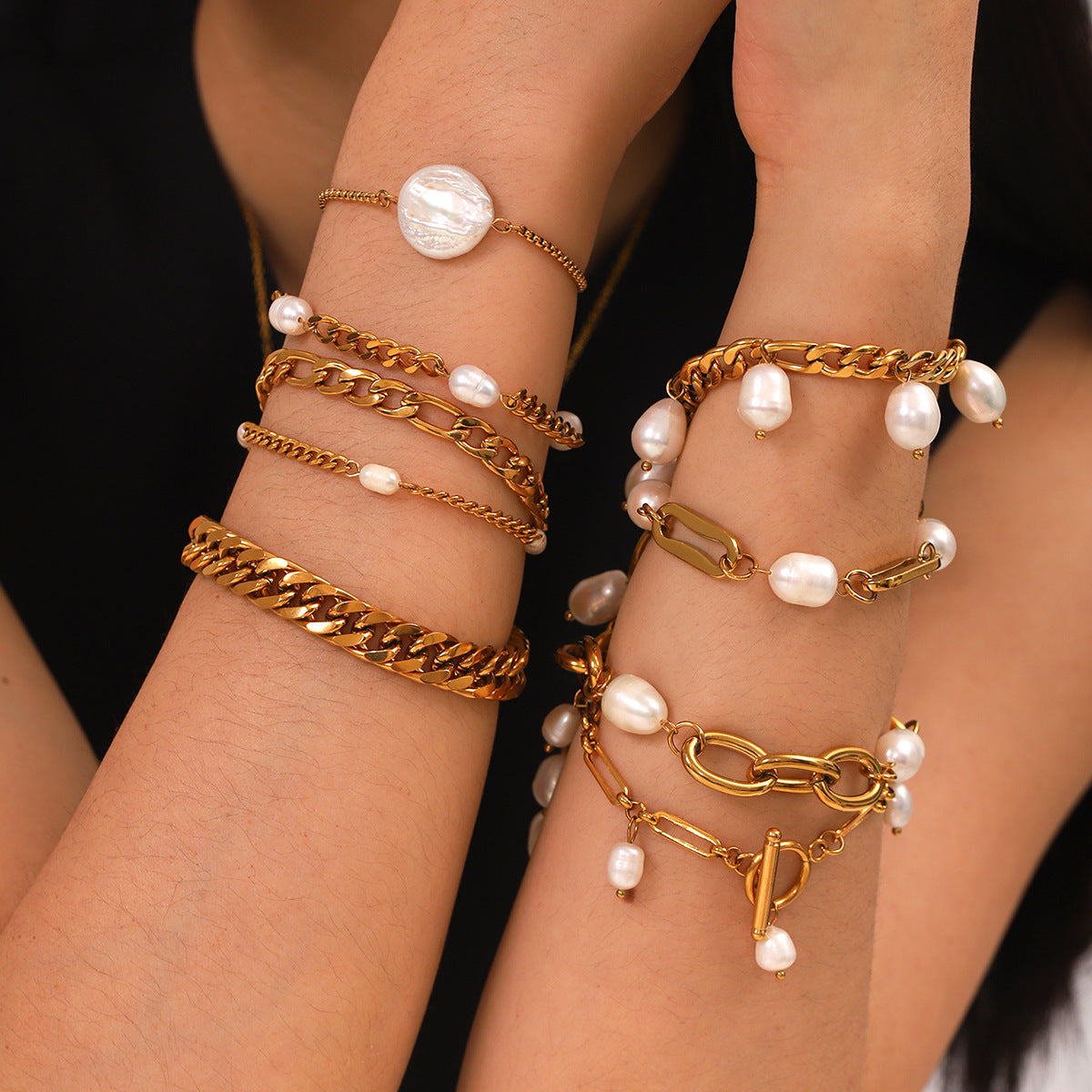 French-style Natural Freshwater Pearl Bracelet for Women, High-end Feel, Figaro Chain, Stainless Steel Cuban Chain, Titanium Steel Handmade Chain