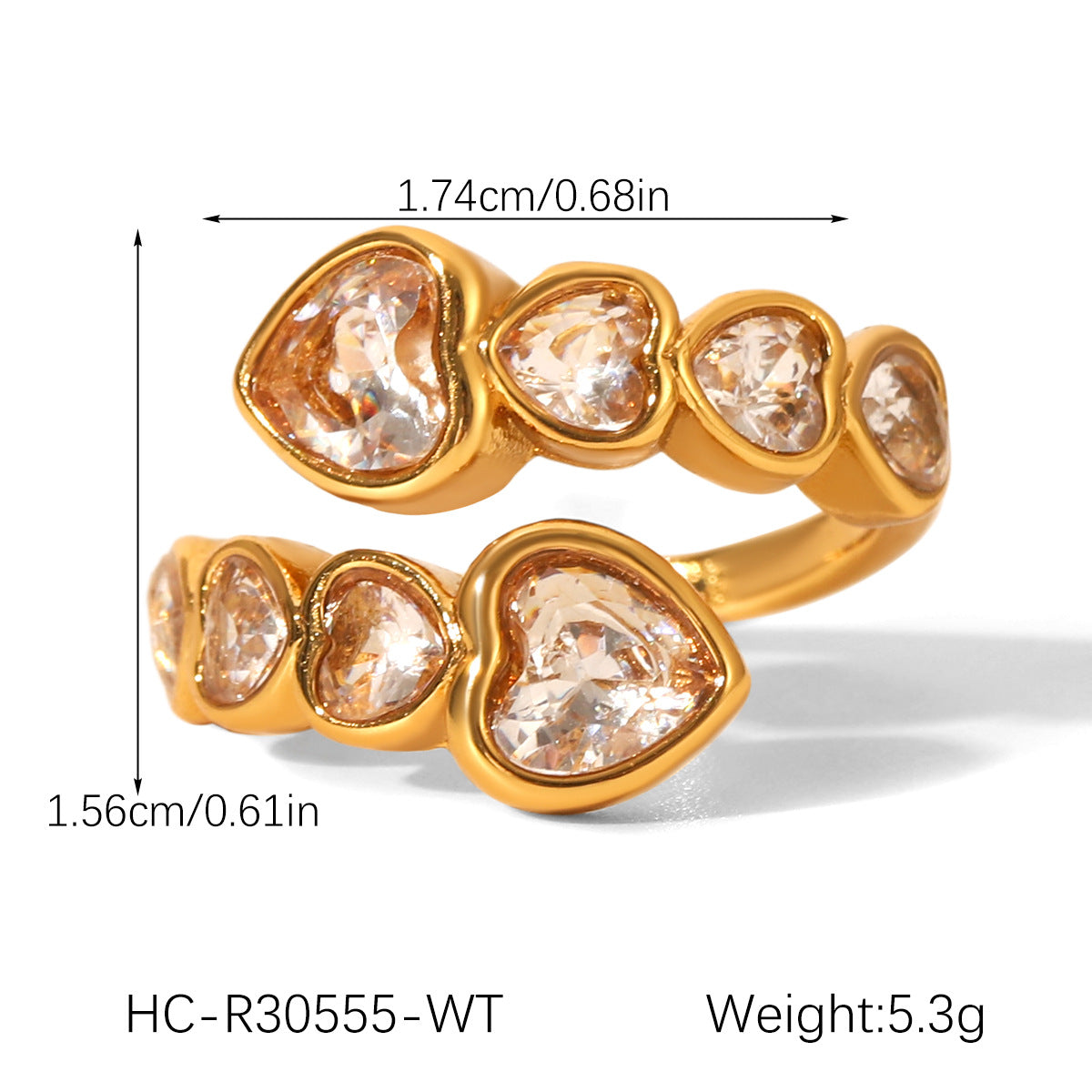18k Gold Stainless Steel Ring Jewelry, Inlaid with Heart-shaped Zircon, Open-end Ring, Made of Titanium Steel, Non-fading Ring