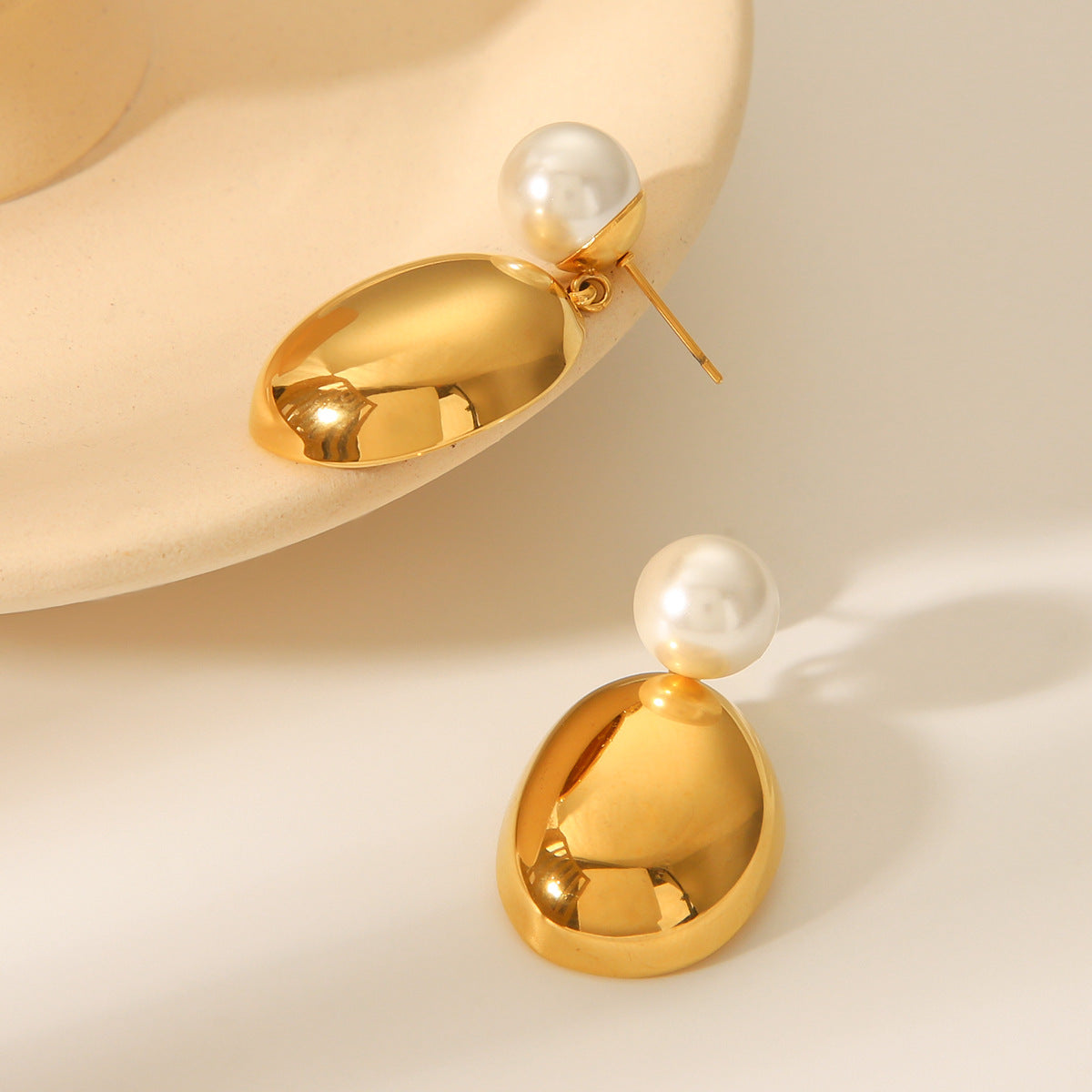 18k Gold Stainless Steel Earrings with Pearl Studs, Semi-circular Pendant, Titanium Steel Earrings