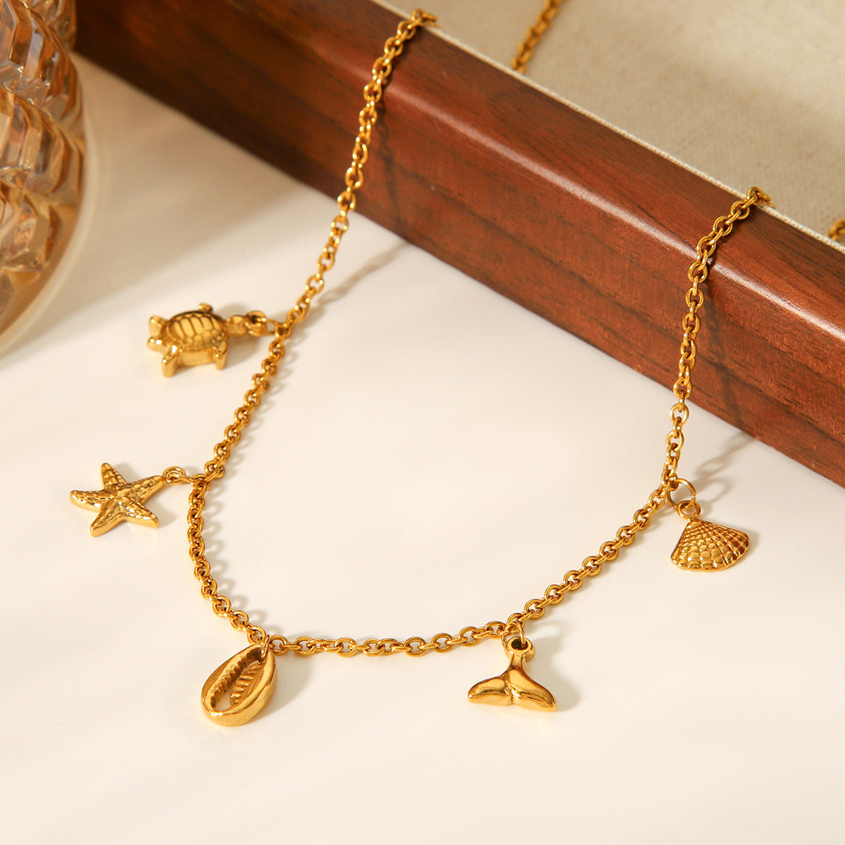 Ocean Wind Stainless Steel Necklace, Featuring A DIY Pendant of A Starfish, Seashell, Turtle, and Fish Tail, Perfect for A Clavicle Chain or Titanium Steel Necklace Adornment
