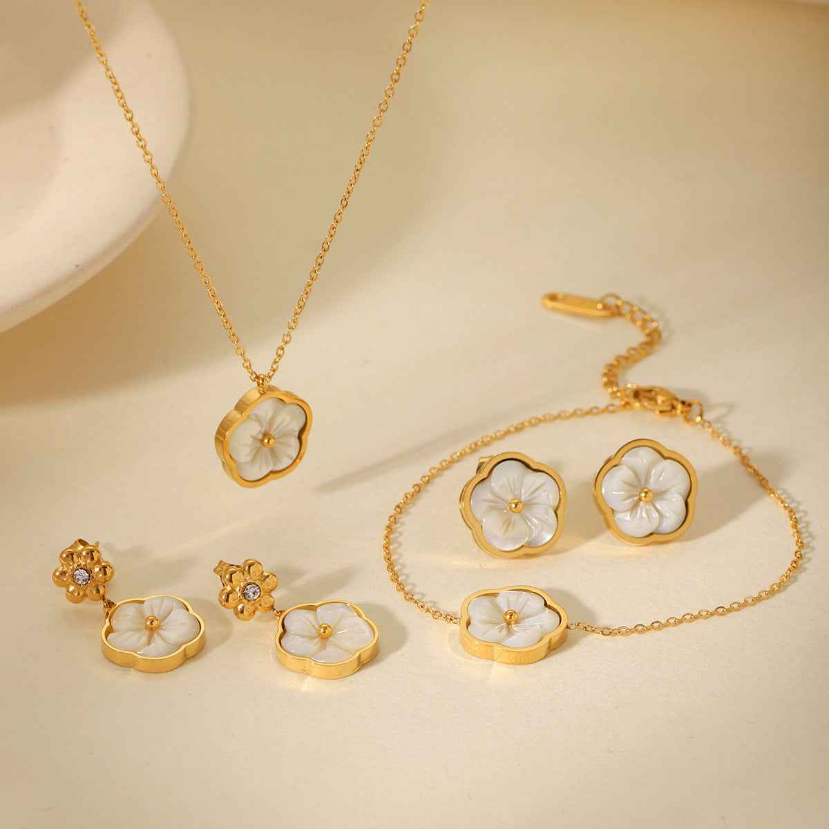 High-end stainless steel earrings with zircon flowers and mother-of-pearl petals pendant for women's necklace and bracelet jewelry