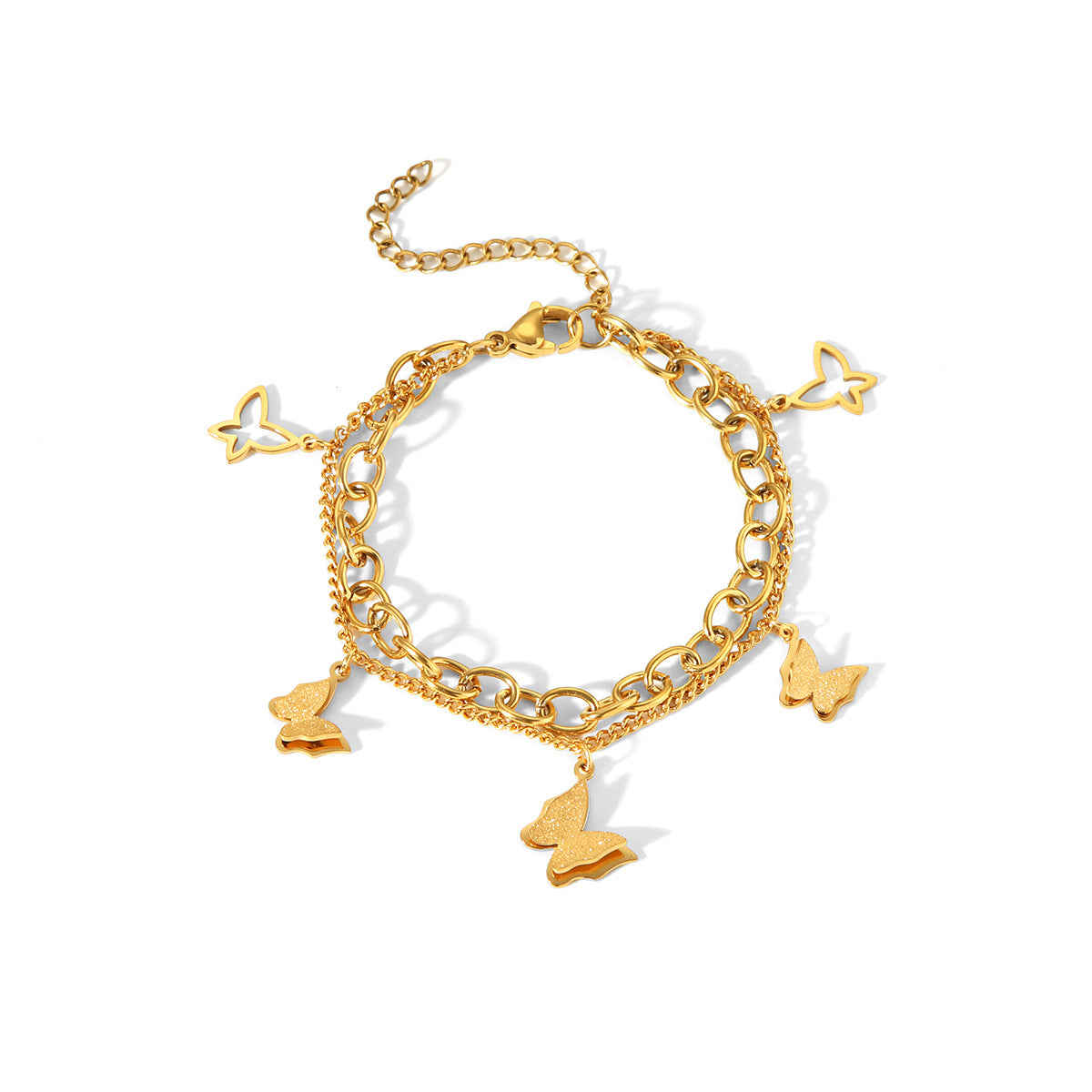 Fashion 18k Gold Stainless Steel Double-layer Layered Bracelet for Women, Non Fading Butterfly Pendant Titanium Steel Bracelet